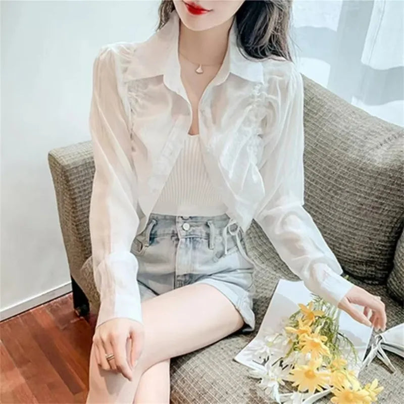 Women Blouse Drawstring Sunscreen Short Tops Long Sleeve Shirts Lightweight Outerwear Spring Summer Jacket Trend Buttons Shirts