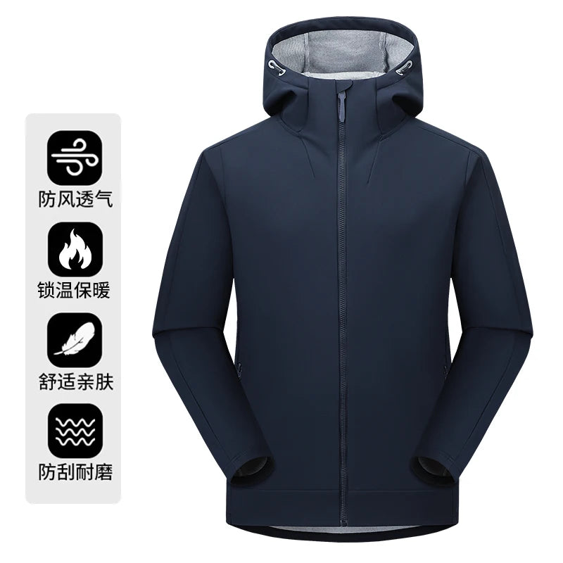 Men's Autumn and Winter Windproof and Warm Softshell Jacket with Hood, Zipper Coat That Is Durable, Comfortable and Versatile, Suitable for Daily Commuting and Outdoor Hiking Activities