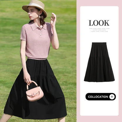 I BELIEVE YOU Short-Sleeved  Polo Collar Knit T-shirt 2026 Spring New Plaid Hollow-out Loose Gentle Tops for Women 2261146256