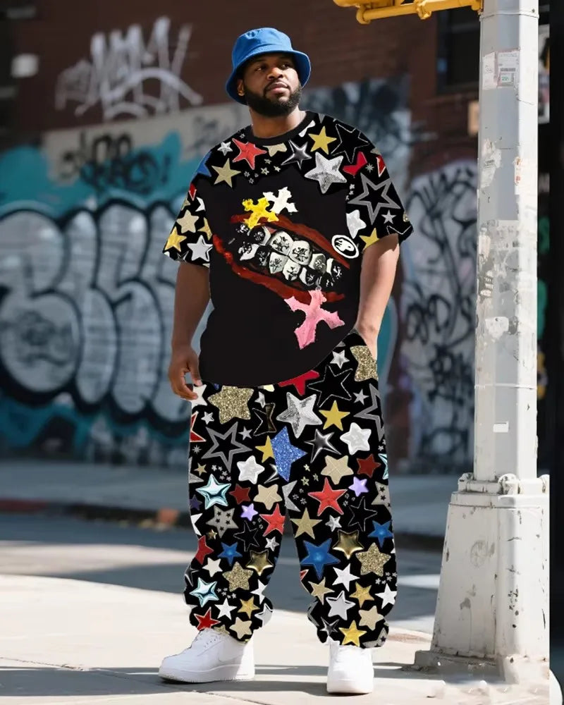 9XL Plus Size Men's Hip Hop Graffiti Lucky Sieve Graphic T-Shirt & Pants Set - Soft Breathable Streetwear Outfit