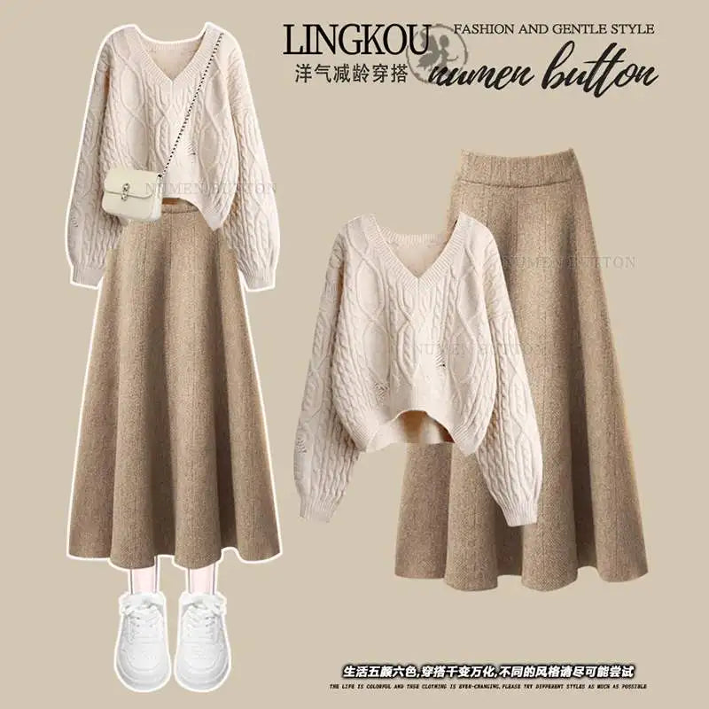 plus Size Women's Simple Knitted Sweater And  Skirt Two-Piece Set Korean Style Slimming Meat Covering Fashionable Ensemble