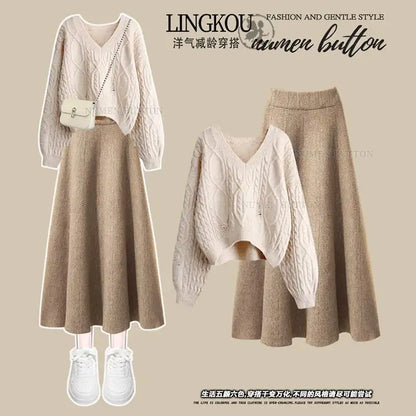 plus Size Women's Simple Knitted Sweater And  Skirt Two-Piece Set Korean Style Slimming Meat Covering Fashionable Ensemble