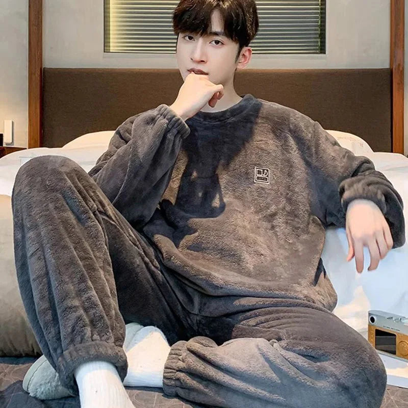 Men's Warm Coral Fleece Pajamas Winter Set Spring Autumn Winter Style Oversize Loose Fit Home Clothes Teenager Comfortable Sl...