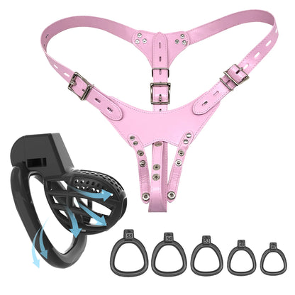 Secure Adjustable Male Chastity Harness Kit with Birdcage Cage - 5 Ring Sizes Black Penis Chastity Device for Long Term Wear, Co