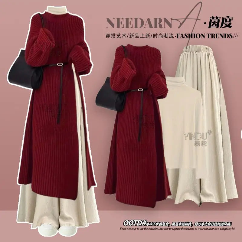 Fall Fashion High Waist Knitted Sweater Long Skirt Wide Leg Pants Two Piece Set Elegant Sweet Style plus Size Women's Suit