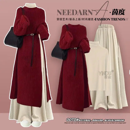 Fall Fashion High Waist Knitted Sweater Long Skirt Wide Leg Pants Two Piece Set Elegant Sweet Style plus Size Women's Suit