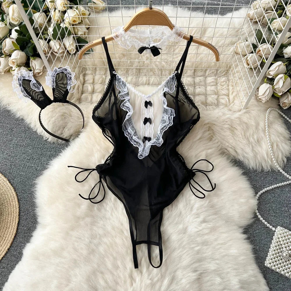 Sexy Lace Strap Jumpsuit Slim Fit Transparent Women's Pajamas Halter Playsuit Erotic Lingerie Catsuit Backless Hollowed Bodysuit