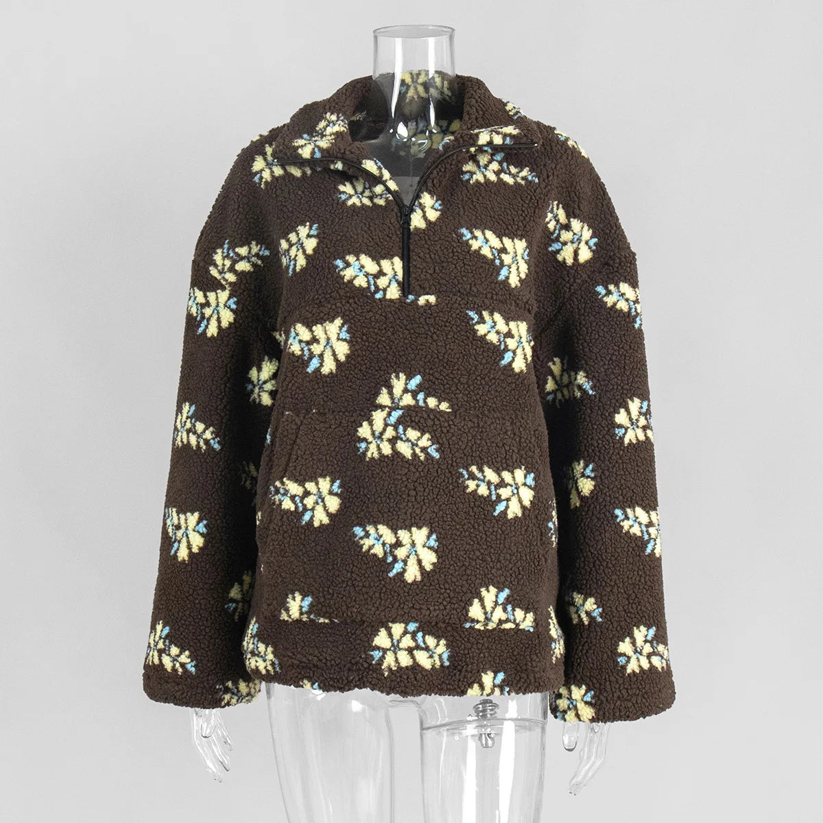 Talenza Fashion Print Pullover Contrast Oversized Zipper Knit Long-Sleeve Top Casual Warm Office Wear Vintage Women Sweatshirts