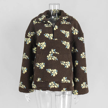 Talenza Fashion Print Pullover Contrast Oversized Zipper Knit Long-Sleeve Top Casual Warm Office Wear Vintage Women Sweatshirts