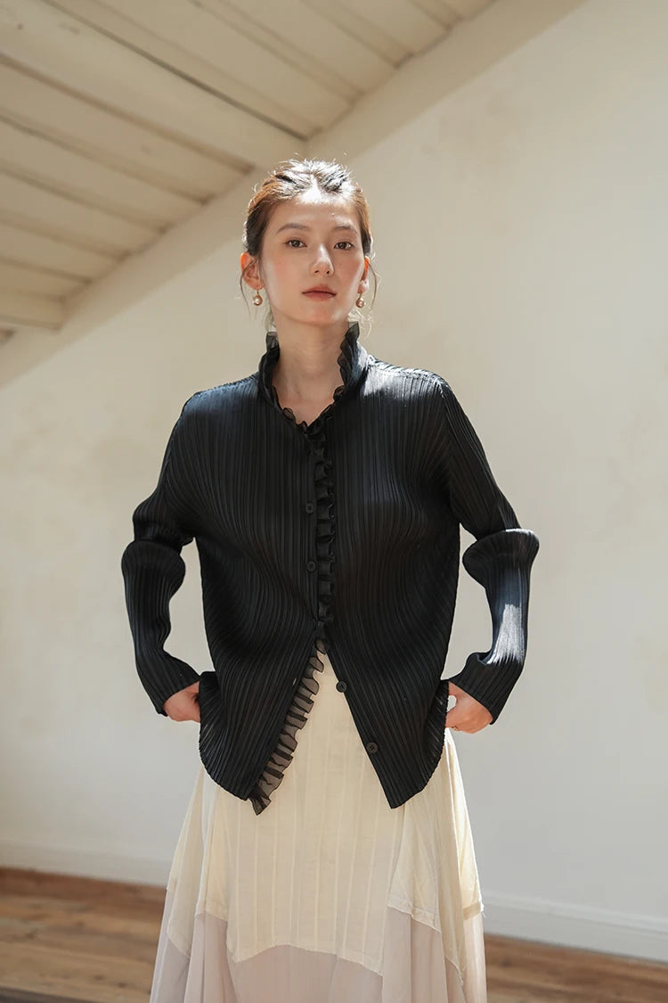 Pleated Women's Solid Shirt High Stretch Standing Lapel Single Breasted Cardigan 2025 Autumn New Long Sleeve Mullet Lace Shirt