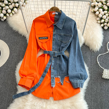 Retro Hong Kong Sle Casual Mid-Length Women's Denim irt with Belt Spring New Faion Chic Loose Fit Pure Color  Collar