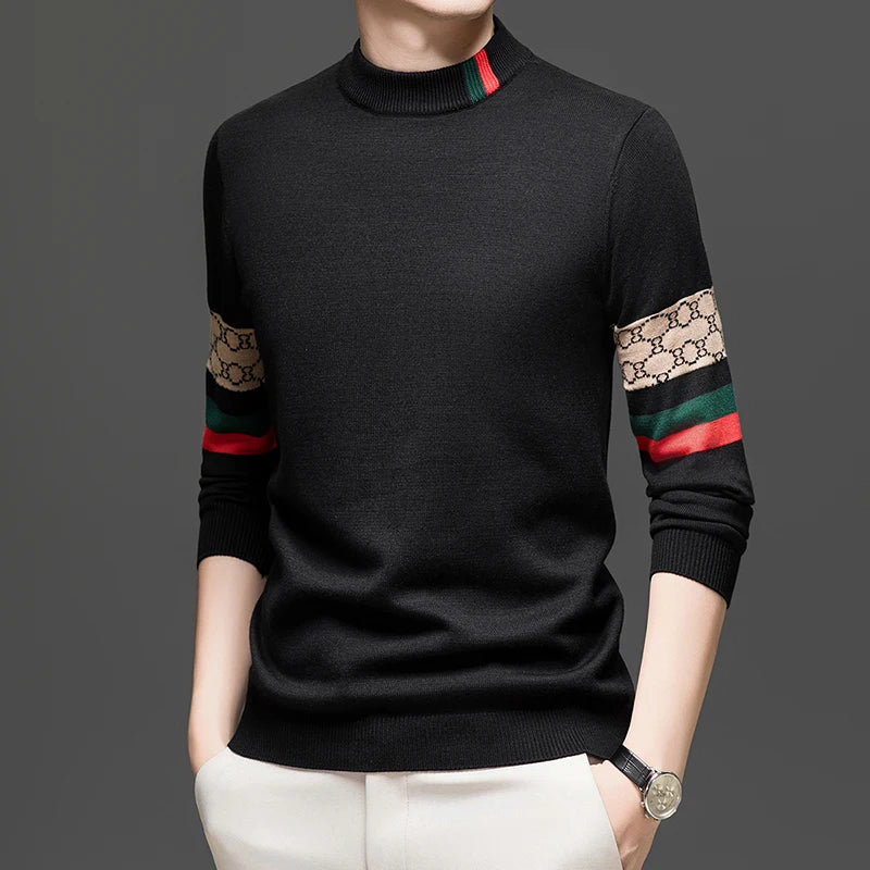 High End Big Brand Semi High Neck Sweater for Men with Thick Velvet and Autumn/winter Fashionable Warm Base Shirt for Men