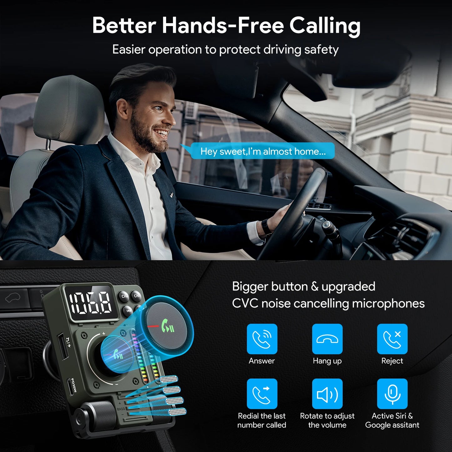 LENCENT Bluetooth 5.3 FM Transmitter for Car Adjustable Treble and Bass Sound Music Player Supports PD30W Fast Charging Car Kit