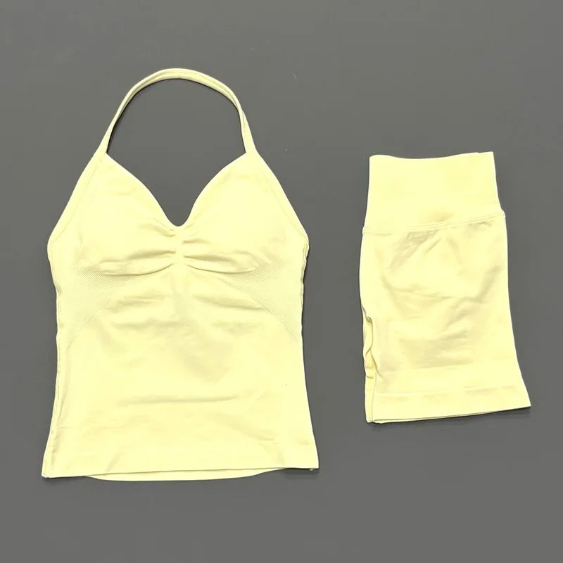 HISTELLO 2 Pieces Sports Set Women Yoga Longline Strap Top Scrunch Seamless Shorts Sport Gym Set Sportswear Workout Fitness Set