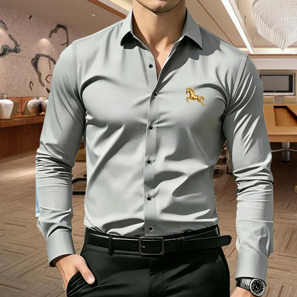 Men's Premium Business Casual Shirt MILANO Logo Print Slim Fit Long Sleeve Wrinkle Resistant Dress Shirt Multi Styles Available