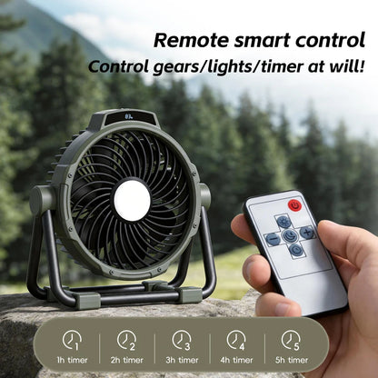 Multifunctional Camping Fan 10000mAh Portable Outdoor Rechargeable Fan 5 Speed Air Circulators w/ LED Light Hook Remote Control