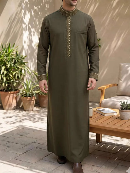 Arab Men's Clothing Muslim Robe Long Sleeve Embroidered Stand Collar Elegant Design Loose Men's Clothing
