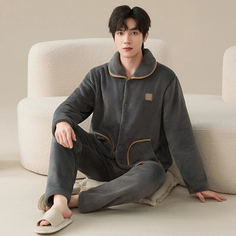 Winter Men Flannel Sleepwear MaleThick Warm Turn-down Collar Pijamas