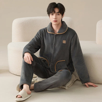 Winter Men Flannel Sleepwear MaleThick Warm Turn-down Collar Pijamas
