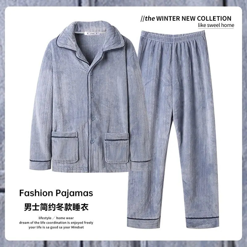 Autumn and Winter Men's Coral Velvet Pajamas Autumn and Winter Thickened Fleece Warm Flannel Home Suit Set