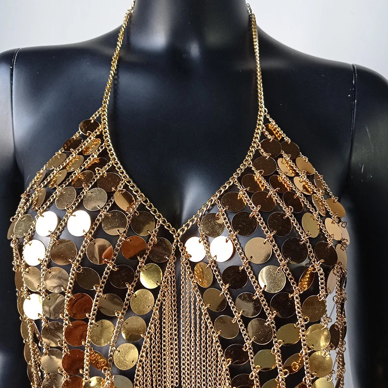 AKYZO Sequined Crop Tops for Women Metal Chain Tassel Nightclub Dance Wear Party Burning Outfits Plastic Tank Top Sexy Festival