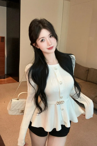 Elegant Single-Button Knitted Sweater Women Early Autumn New High-End Pleated Waist-Cinching Slimming Top French Style