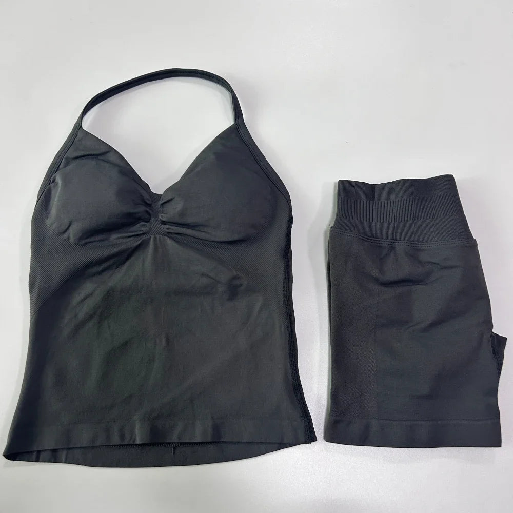 2 Pieces Sports Set Women Backless Tank Yoga Tops High Waist Scrunch Seamless Shorts Sport Gym Set Sportswear Workout Set