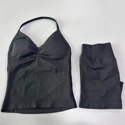 2 Pieces Sports Set Women Backless Tank Yoga Tops High Waist Scrunch Seamless Shorts Sport Gym Set Sportswear Workout Set