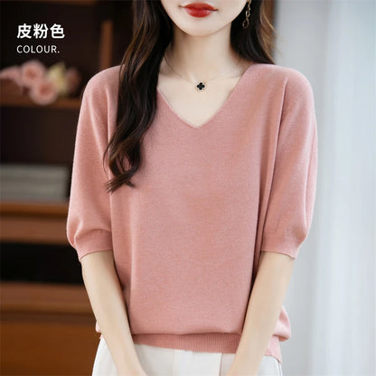 Thin Worsted Wool Short-Sleeved Women's Loose Round Neck T-shirt Printed Summer Fashion Knitted Bottoming Shirt Half-Sleeved