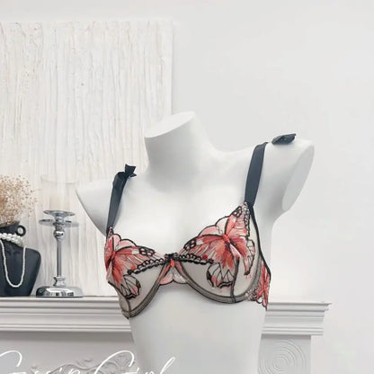 Ultra-Thin Sexy Lace Sheer Lingerie Set For Women French Butterfly Embroidery Push Up Bra Soft Underwire Support Date Night Wear