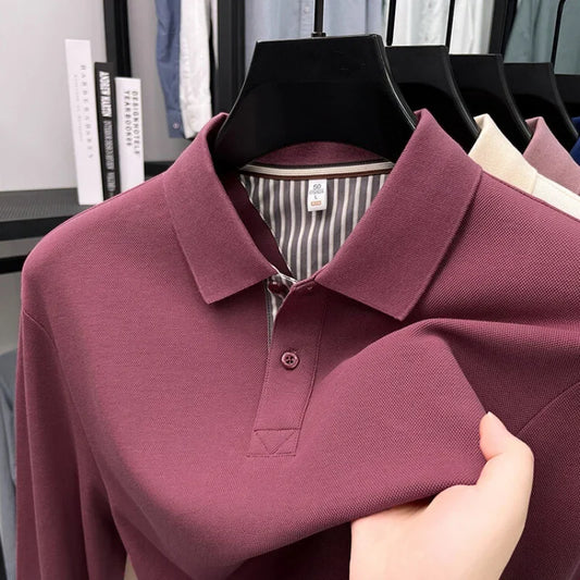 Men's casual long sleeved polo shirt autumn new loose solid color classic versatile lapel T-shirt