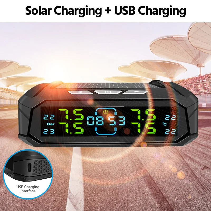 TPMS Car Tire Pressure Monitor System 4 Sensors Solar & USB Charging Intelligent Tyre Pressure Temperature Alarm Monitor