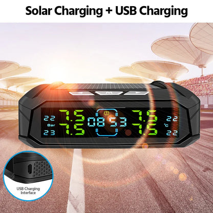 TPMS Car Tire Pressure Monitor System 4 Sensors Solar & USB Charging Intelligent Tyre Pressure Temperature Alarm Monitor