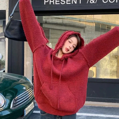 Autumn and Winter Thick Hoodies Cold Red Korean Women's Hooded Sweatshirts Warm Female Top Clothing Essential Coat Cheap New In