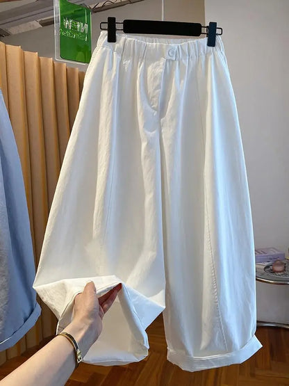 Summer Women White Balloon Pants Elastic Waist Loose Wide Leg Cropped Casual Trousers Lazy Style Hide Fat Breathable Daily Psnts