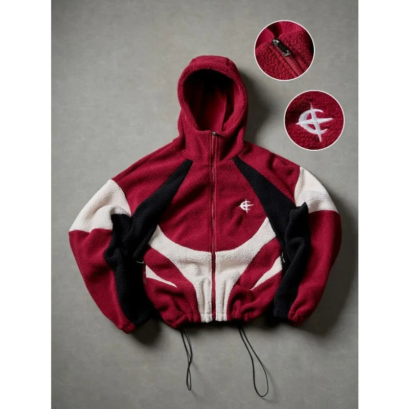 American Style Patchwork Polar Fleece Hooded Jacket Men Autumn Winter Warm Oversized Coat High Street Hip Hop Streetwear Man