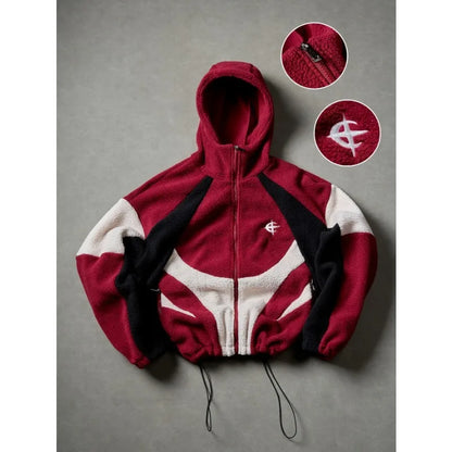 American Style Patchwork Polar Fleece Hooded Jacket Men Autumn Winter Warm Oversized Coat High Street Hip Hop Streetwear Man