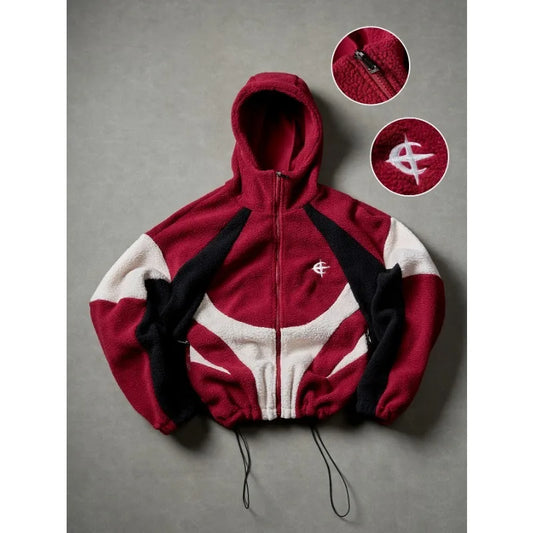 American Style Patchwork Polar Fleece Hooded Jacket Men Autumn Winter Warm Oversized Coat High Street Hip Hop Streetwear Man