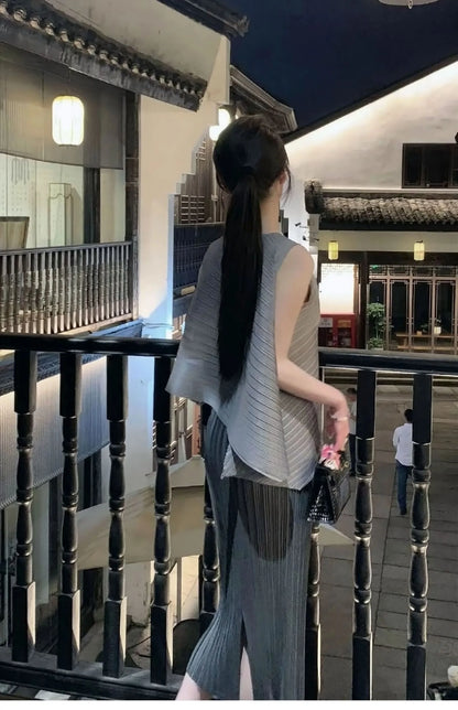 Unique Folded Design Sleeveless Top Set for Small Women Elegant Suitable Travel Wear Polyester Summer T-Shirt round Neck High...