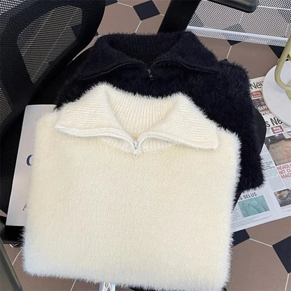 Half zip high neck sweater, men's faux mink fur versatile, solid color, half zip knit sweater, worn with plush sweater on top