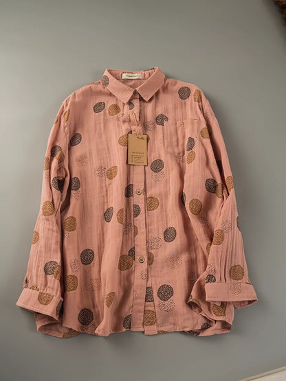 Japan style unique design polka dot print shirts and blouses for women autumn cotton yarn loose thicken long sleeve tops