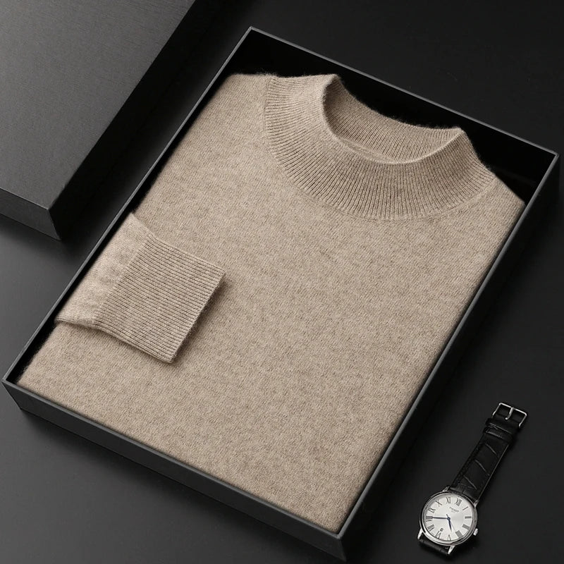 100% Pure Cashmere Sweater Men's Half High Collar Solid Color Pullover Fashion New Knit Undercoat  Autumn and Winter Long Sleeve