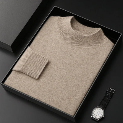 100% Pure Cashmere Sweater Men's Half High Collar Solid Color Pullover Fashion New Knit Undercoat  Autumn and Winter Long Sleeve