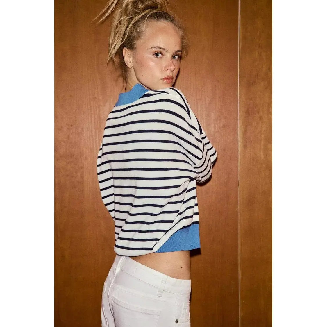 Spring Summer New Women's Knitted Stripe  Shirt Versatile ZR Style Fashion Classic Business Casual Long Sleeve Polyester