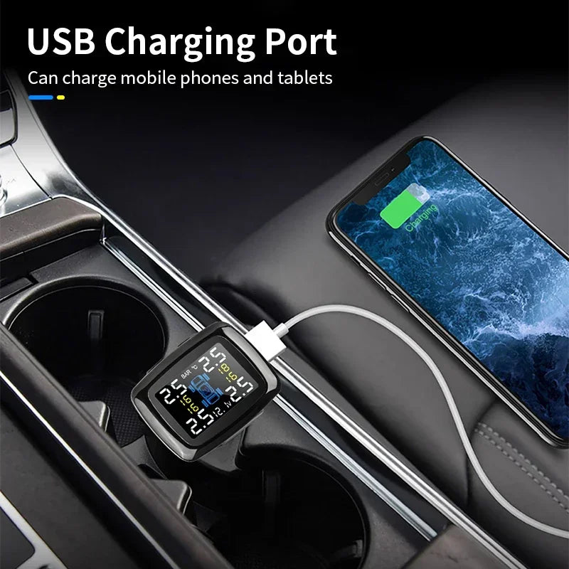 TY09 Smart Cigarette Lighter USB TPMS Car Tire Pressure Alarm Monitor System 4 Sensors Display Tyre Pressure Temperature Alarm