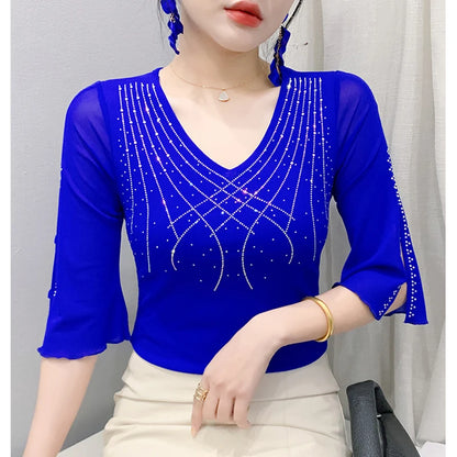 2026 Spring Summer Mesh Tops Korean Fashion Diamond T Shirt Slim 3/4 Sleeve Hollow Out Casual Women Shirt