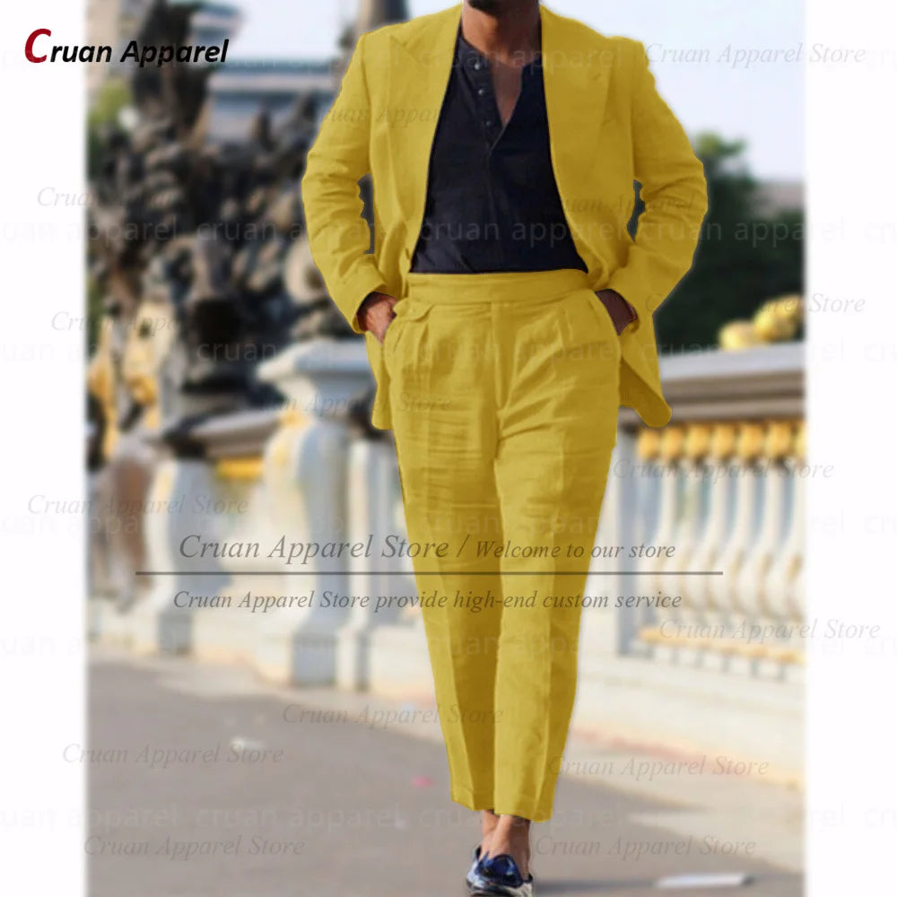 Classic Summer Linen Suit Sets For Men Smart Casual Blazer And Pants 2 Pieces Formal Evening  Fashion Slim Fit Suit Attire