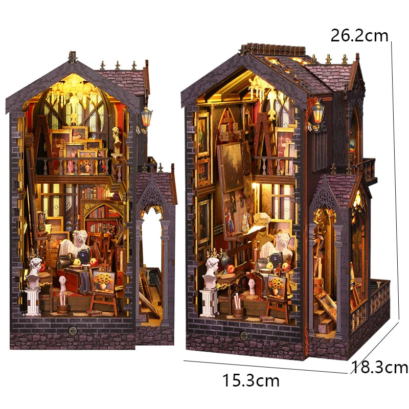 DIY Book Nook Kit Bookend Kit Wooden Doll House Bookshelf Insert Decor With Warm Light 3D Puzzle Assembly Building Model Gifts