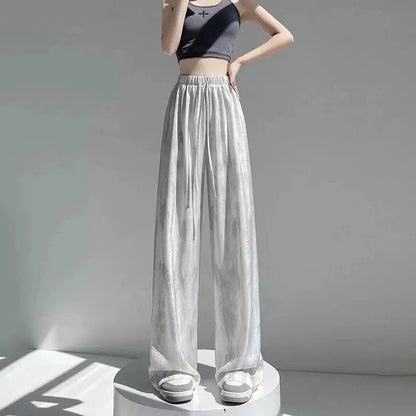 Summer Thin Ice Silk Satin Dyed Wide Leg Pants Women Loose Casual Drape High Waist Slimming Pants Ins Straight Leg Elastic Wa...
