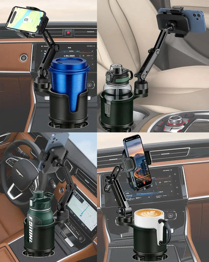 Cup Phone Holder for Car, 2 in 1 Height-Adjustable Dual Cell Phone Holders Car Cupholder Mount, Fit Large Bottle & All Cellphone